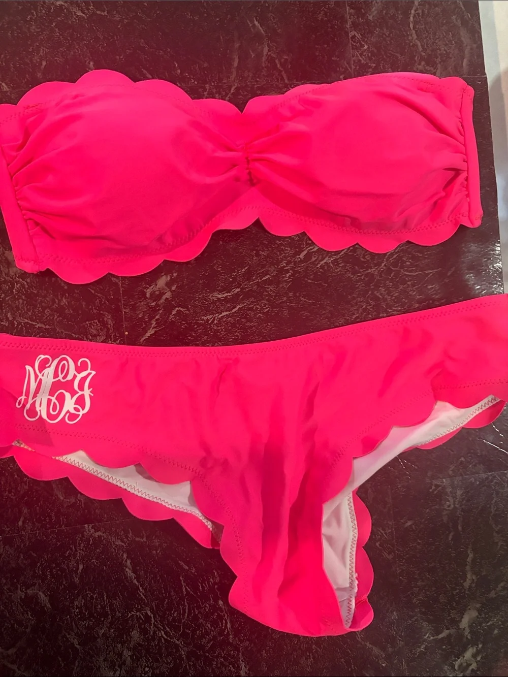 Scallop-Edge Hot Pink Bandeau Bikini Set with Monogram Detail